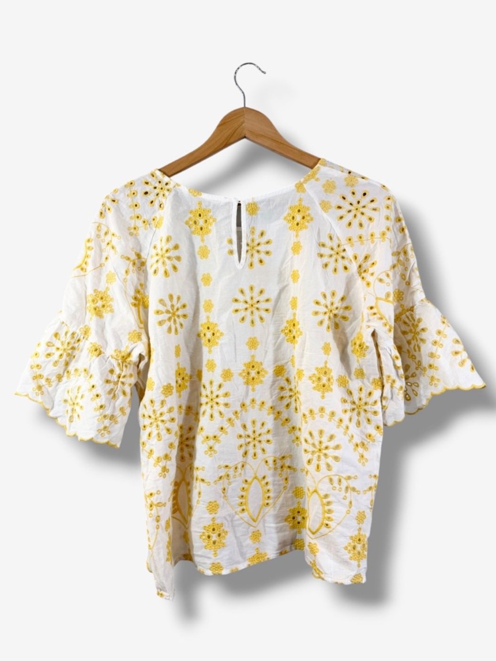 Given Kale White Yellow Eyelet Lace Blouse Size L Scallop Edge Summer Cotton - Picture 8 of 9